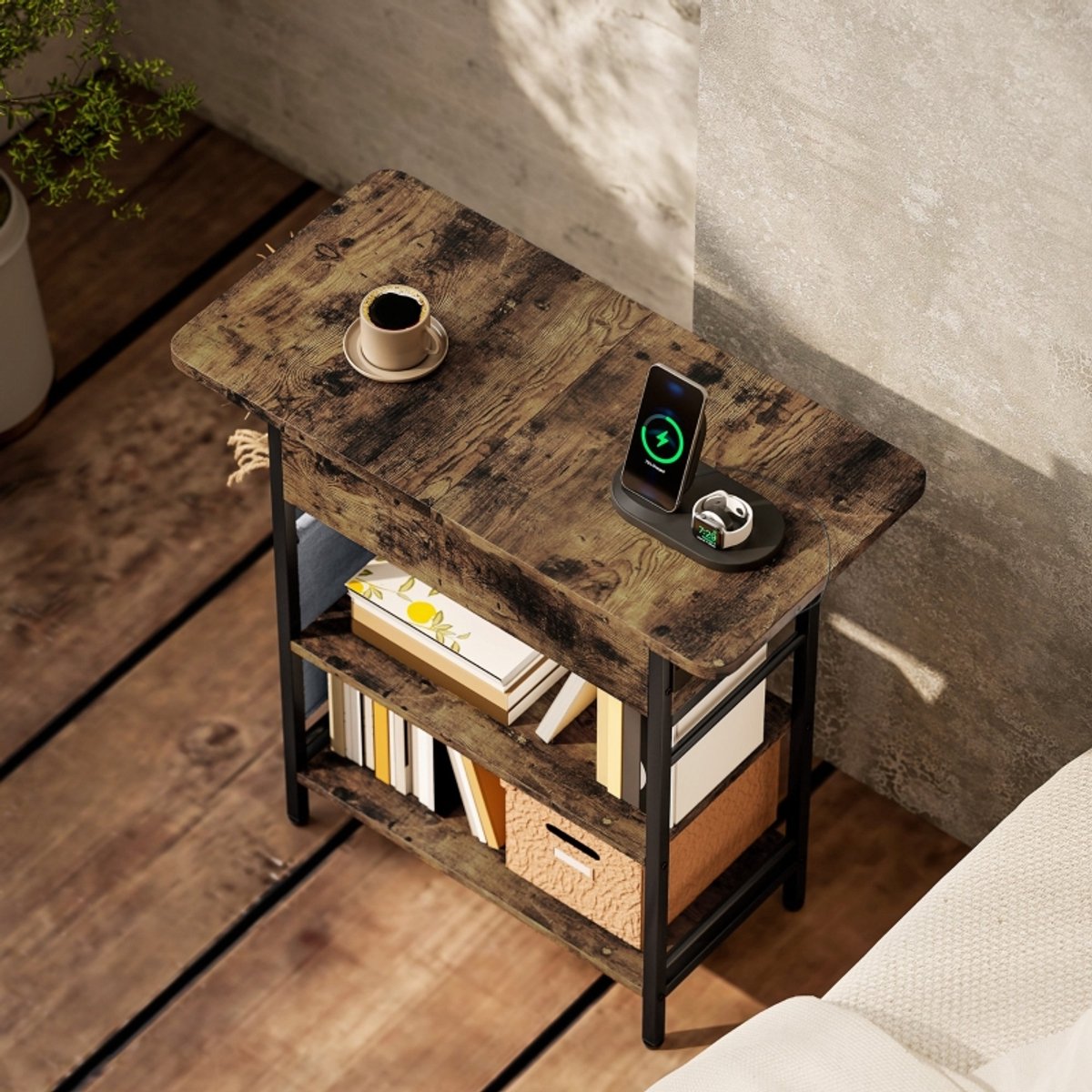 Wishdor Beistelltisch bijzettafel met EU-stopcontacten, USB/USB-C, 2 niveaus & opbergvak, rustiek bruin, 60×29,8×58,5 cm