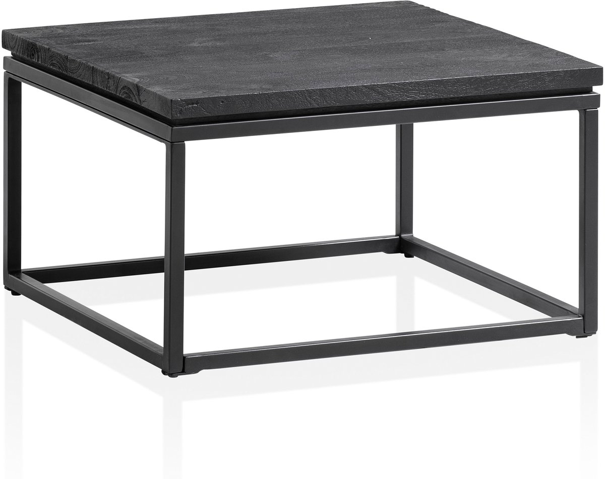 salontafel 60x60x35 cm mango massief hout / metaal zwart salontafel vierkant, design woonkamertafel met natuurlijke houtnerf, salontafel woonkamer modern