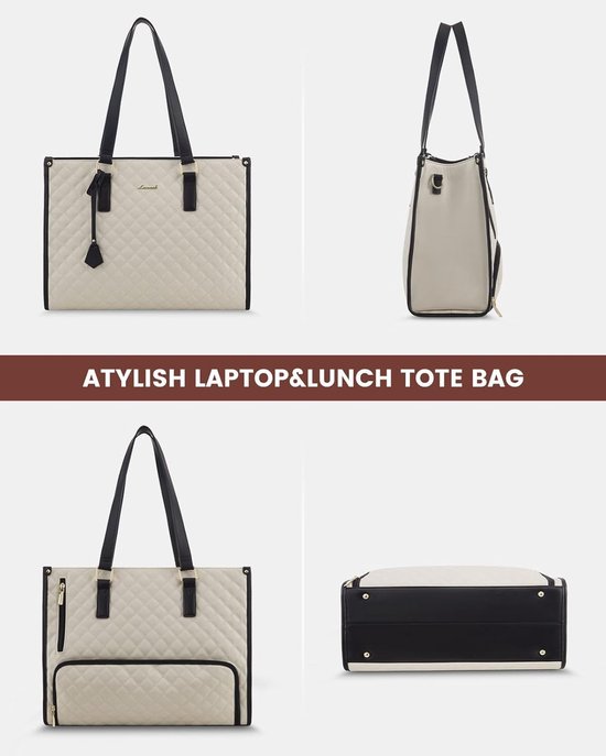 Lunchtas voor dames, 15,6 inch laptoptas met geïsoleerd lunchvak, grote laptoptas met portemonnee voor zaken, werk, verpleegkundige, kantoor, universiteit, vrije tijd, 42 * 18 * 30 cm, beige en zwart van Lovevook — afbeelding 2