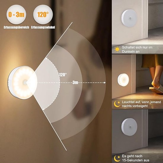 14 LED-Nachtlampje met Bewegingsmelder, 6 Stuks Oplaadbare Nachtlamp met USB-Kabels, Auto/On/Off, Stick Overal Zoals Trap, Kinderkamer, Slaapkamer, Keuken, Hal, Toilet (3000K Warm Wit) [Energieklasse A] — afbeelding 3