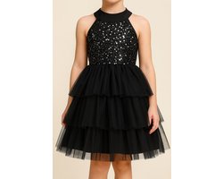 Meisjes Feestjurk – Zwarte Pailletten Jurk – Perfect voor Verjaardag, Bruiloft & Kerst of Speciale Gelegenheid 7/8 jaar Maat 122/128