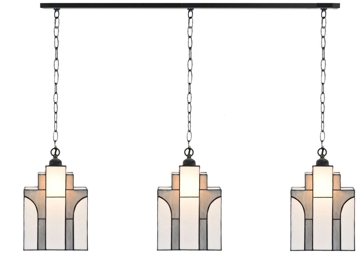 Coloured by Art 3 x Tiffany New York Sky Line met ketting lampen aan plafondbalk - Art Deco Trade Grijsblauw