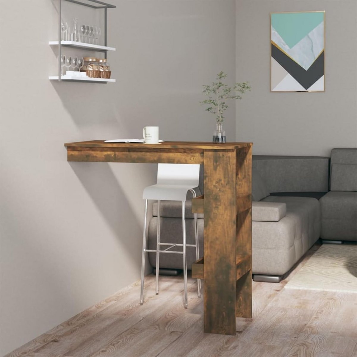 Hoge Bartafel aan de Muur met Ingebouwde Planken - Rechte Keukentafel voor Woonkamer of Pub