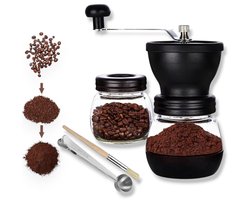 Handmatige koffiemolen met keramische vijzel, kleine handaangedreven koffiemolen, wordt geleverd met twee glazen kannen (elk 325 ml), een lepel en een schoonmaakborstel, geschikt voor filterkoffie.