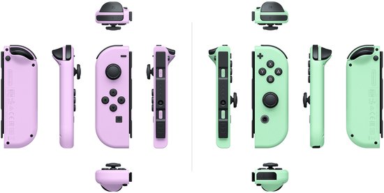 Verschillende aanzichten van de Nintendo Switch Joy-Con controllers in pastel paars en pastel groen.