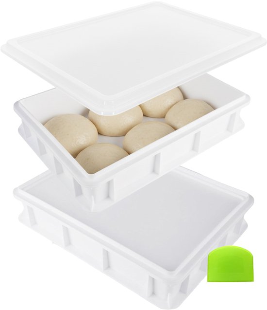 Bac à pâte à pizza blanc avec couvercle, contenant six boules de pâte. Empilable avec un deuxième bac et couvercle.