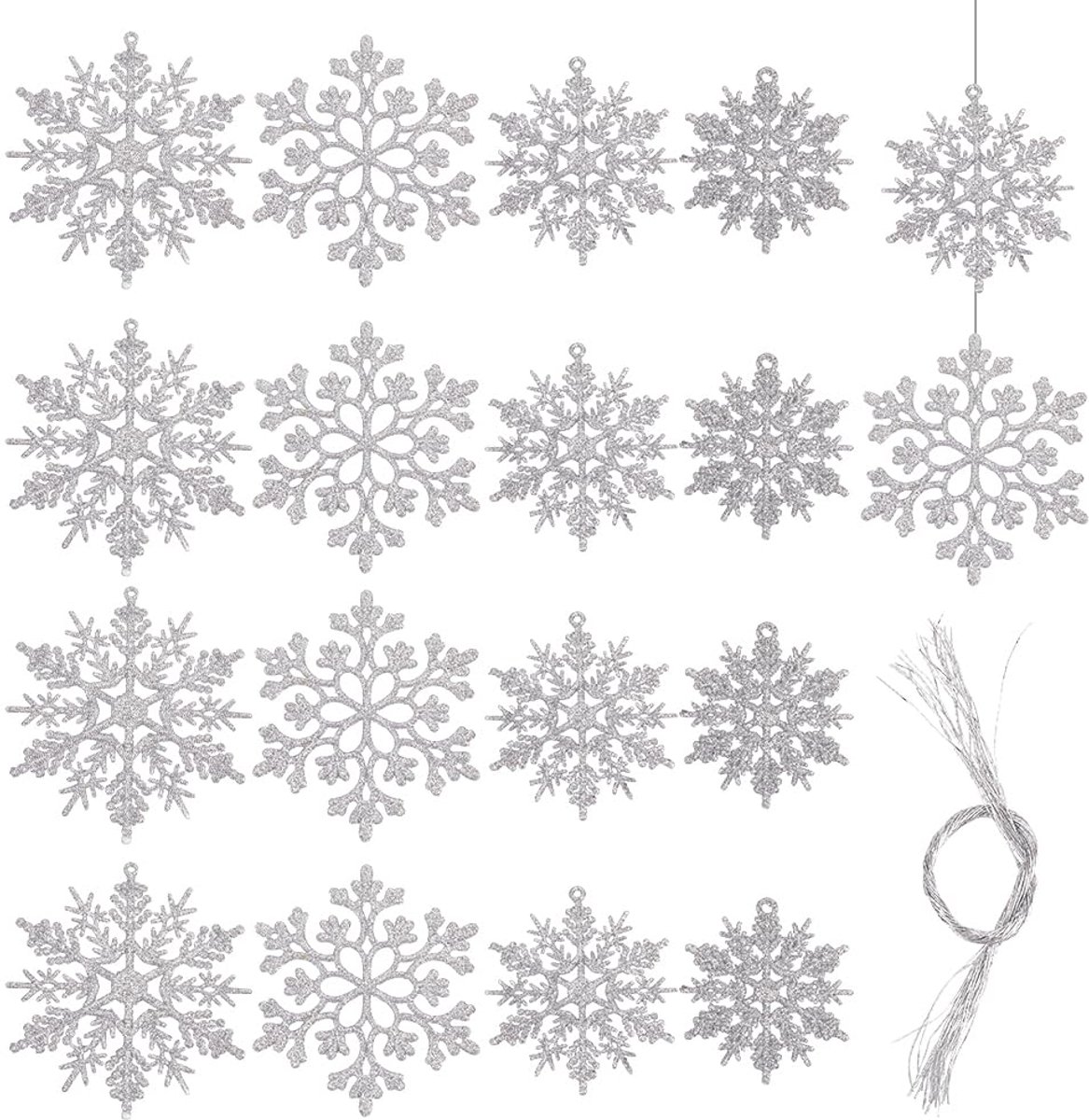 1 Doos 36 stuks Kerst Plastic Sneeuwvlokken Ornamenten Grote Diverse Maten Sprankelende Zilveren Kleur Xmas Glitter Sneeuwvlokken Feestdecoratie Bulk Voor Winter Wonderland Vakantie Feesten