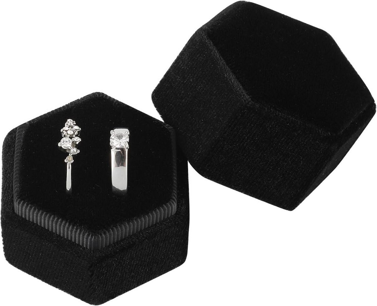 Zeshoekige Ringendoos van Corduroy voor Verloving en Bruiloft - Met 2 Sleuven