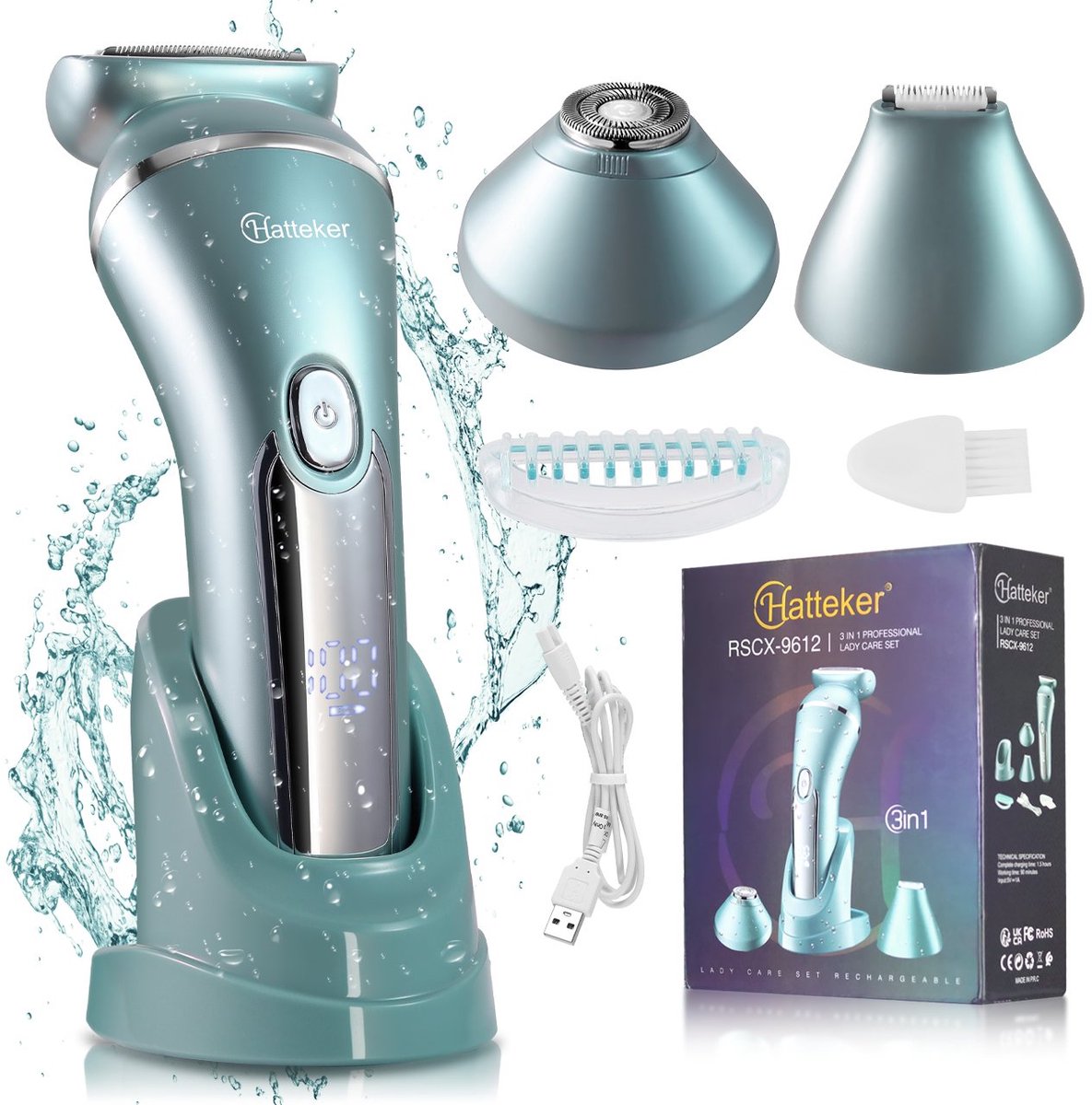 HATTEKER 3-in-1 Dames Scheerapparaat – Ladyshave voor Vrouwen – Gezichtstrimmer – Bikinitrimmer – 100% Waterdicht – Blauw
