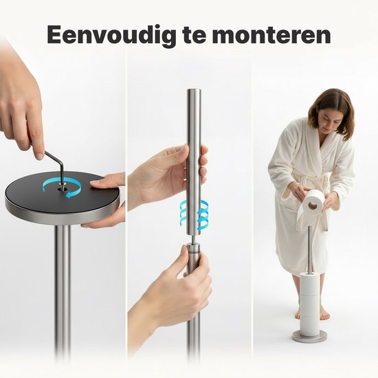 Installatie van een zilverkleurige toiletrolhouder met inbussleutel en schroefdraad.