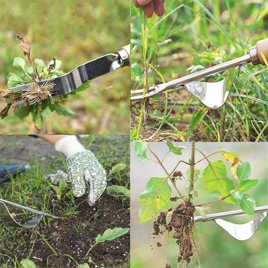 Handmatige onkruidsteker van roestvrij staal met houten handvat voor tuinonderhoud van Merkloos	 — afbeelding 3