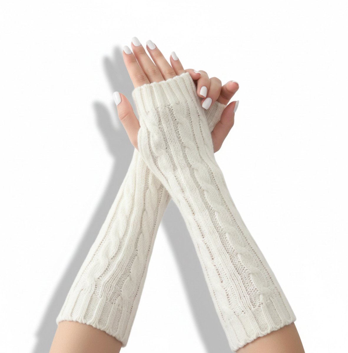 Enluxe Kabelgebreide Armwarmers met Halfvinger voor Dames – Wit – Winter Warm – One Size