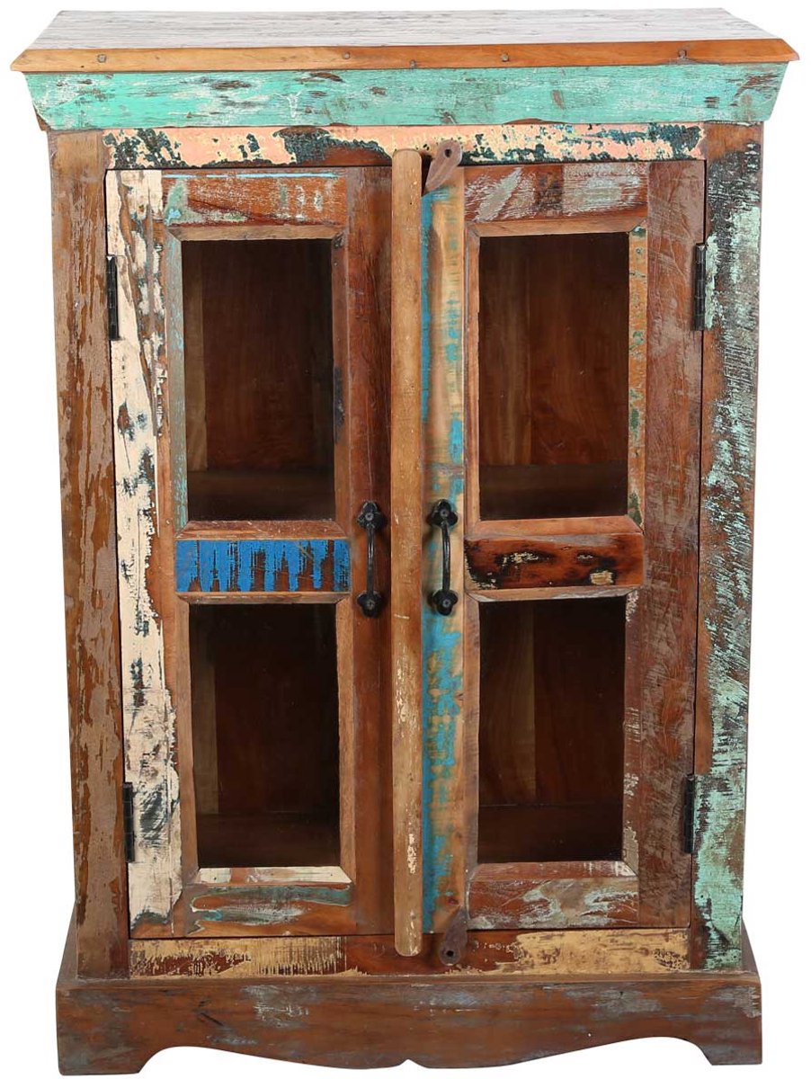 Vitrinekast – dressoir – massief houten Kommode – mangohout – met glas – shabby chic vintage – woonkamer keuken hal