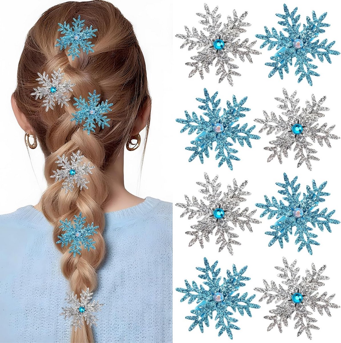 8 Stuks Glinsterende Sneeuwvlok Haarclips met Strass voor Dames en Meisjes