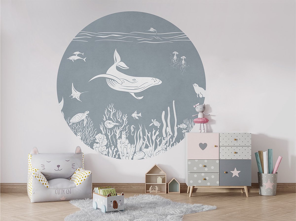 Muurcirkel - Kinderkamer - Decoratie rond - muurdecoratie - ø 80 cm - Onderwaterwereld - Blauw - Monochrome Sea Blue