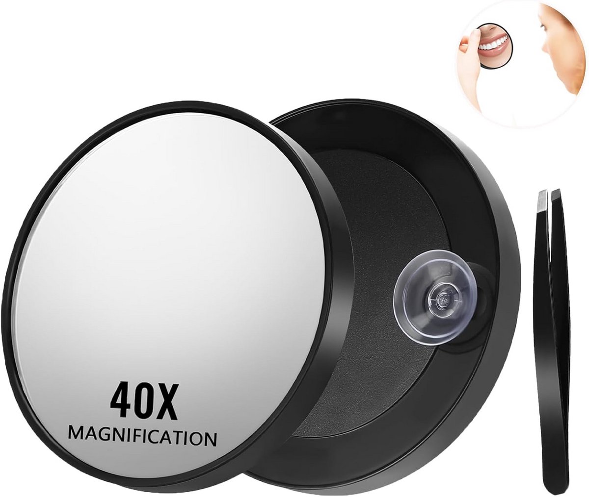 Magnification Mirror 40 Way with Suction Cup Magnification Mirror Suction Cup Portable Magnification Mirror Small Magnification Mirror with Suction Cup and Tweezers Lookover Lens for Makeup Without