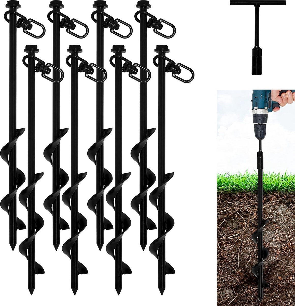 VASGOR 40,6 cm grondankers (8 stuks) eenvoudig te gebruiken met boor, robuuste ankerhaak voor campingtent, luifels, autopoorten, schuren, schommelsets, beveiligingsdieren - zwart gepoedercoat