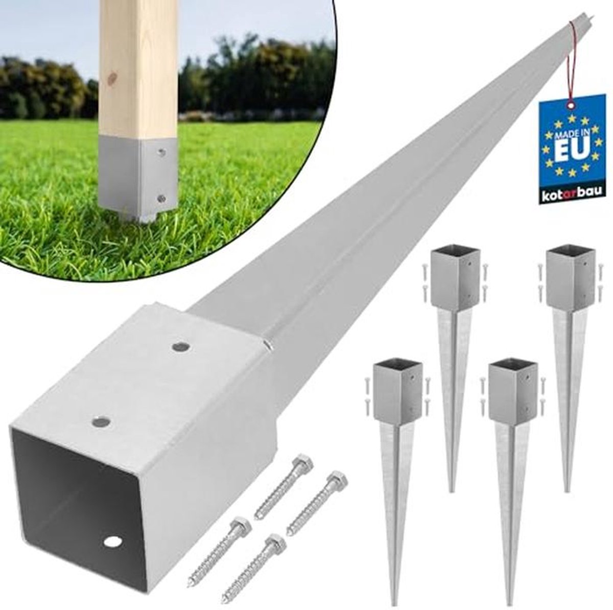 KOTARBAU® Set van 4 grondhulzen 91 x 91 mm lengte 750 mm verzinkt paaldragers staal inslaghuls voor hekpalen hout grondankers grondankers voor houten palen