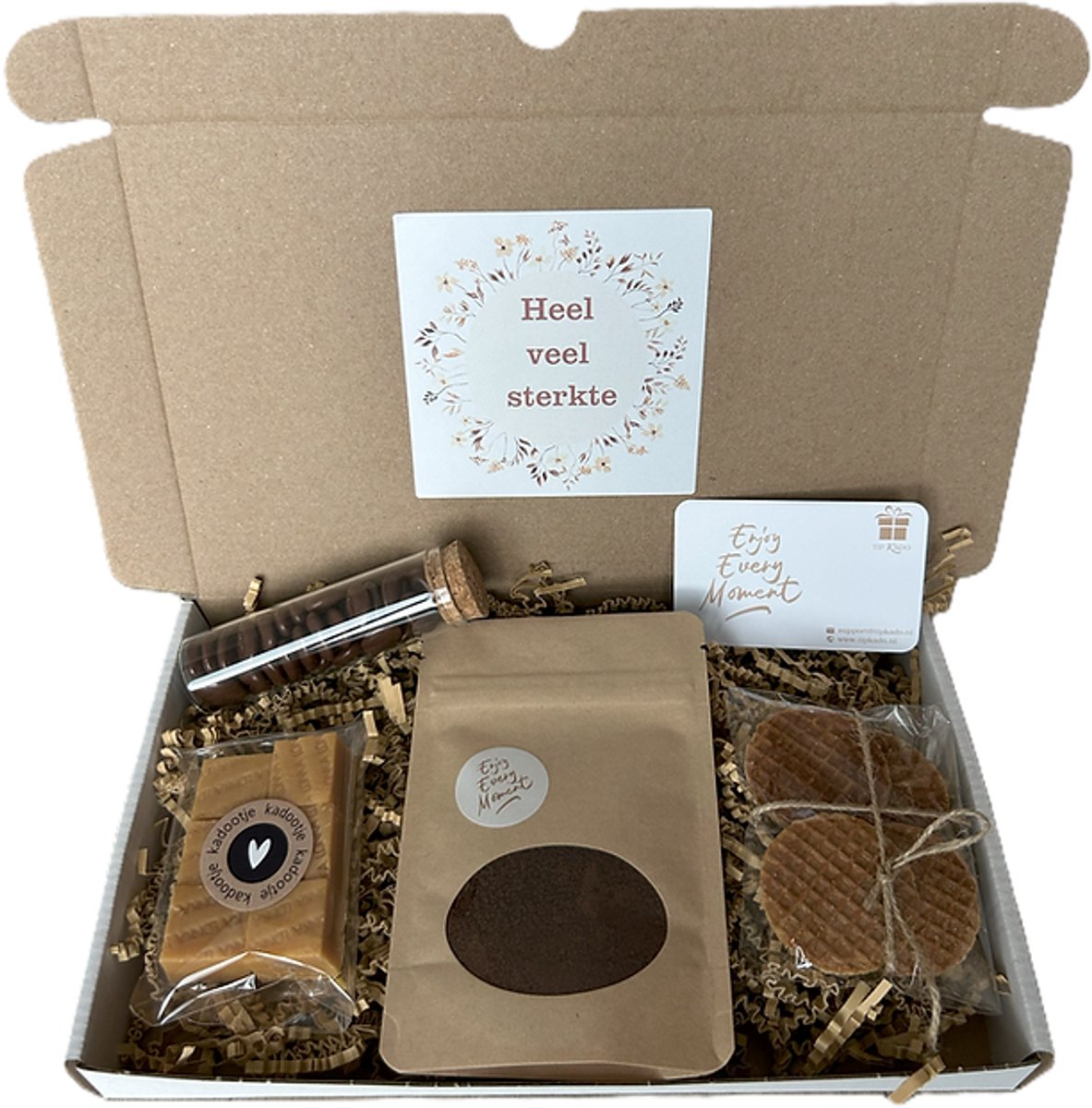 Sterkte koffie brievenbus cadeau - fudge - chocolade mokkaboontjes - stroopwafels