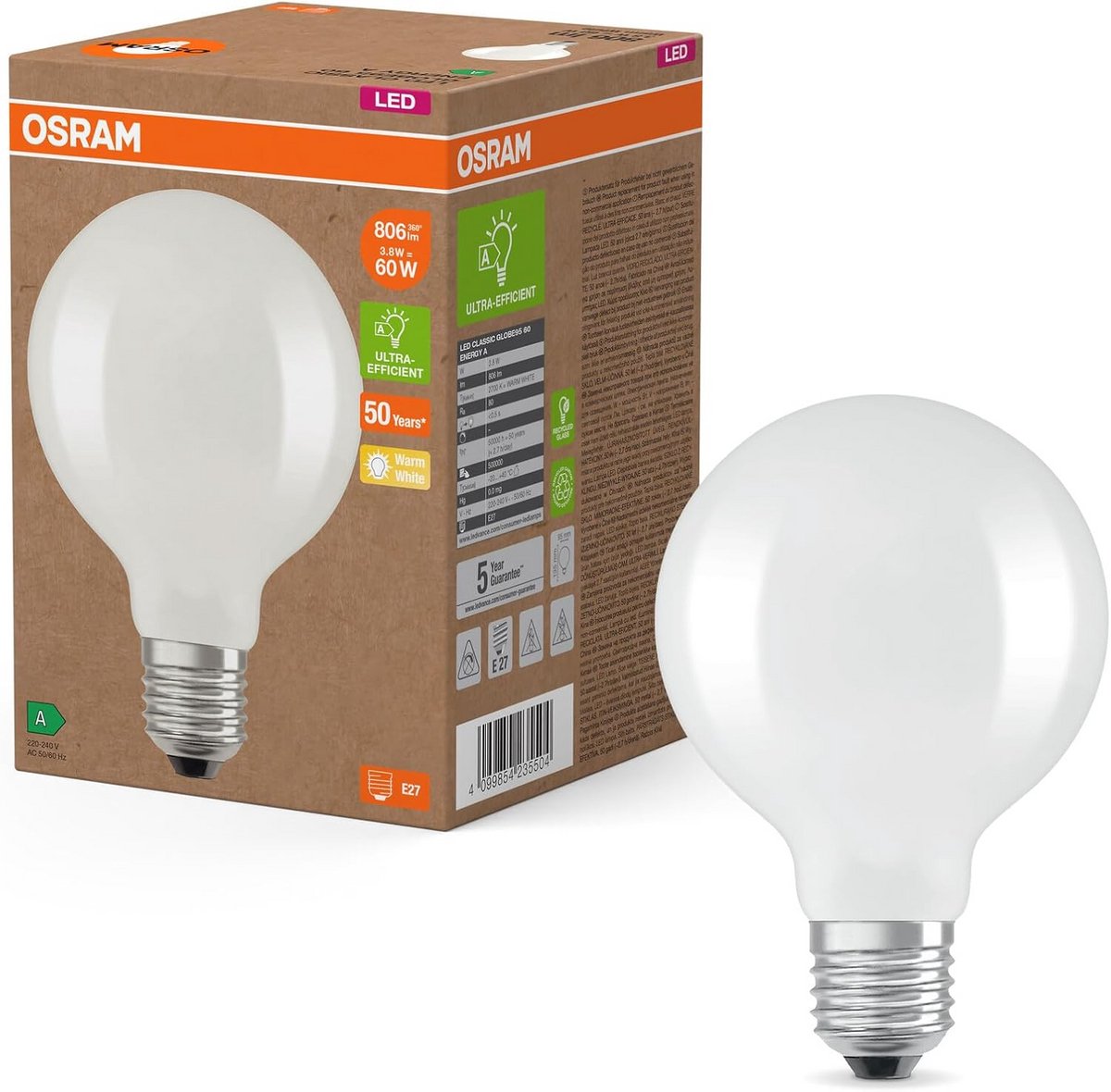 LED Globe lamp E27 3,8W 806lm Warm Wit Licht 2700K