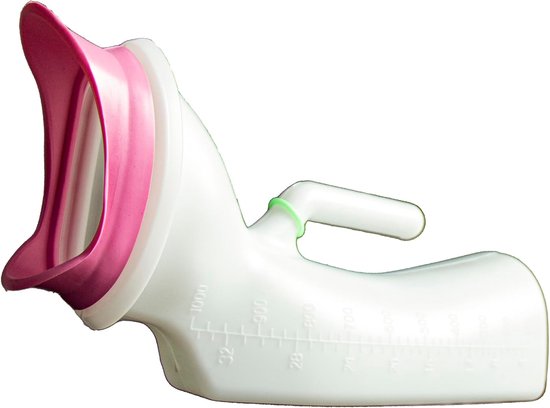 Witte urinaal met roze rand en handvat, met maataanduiding in ml.