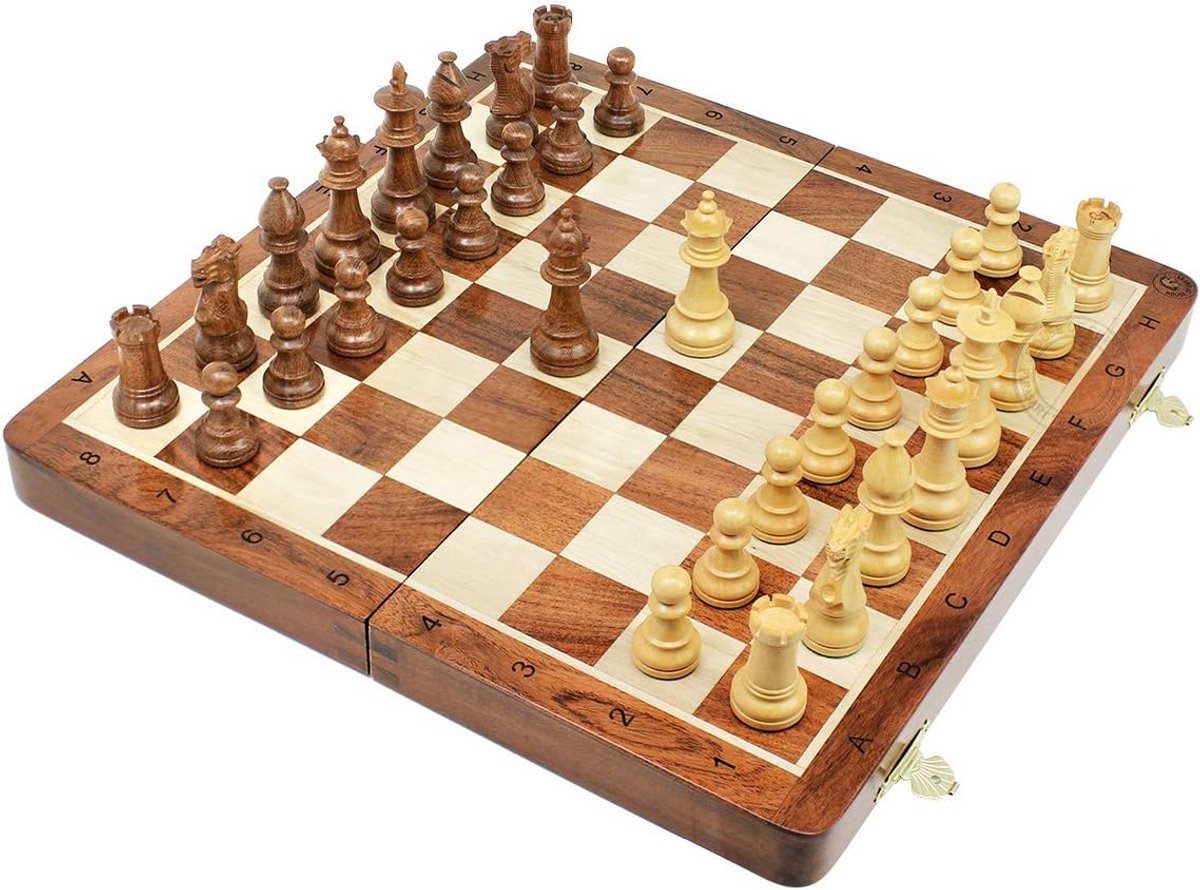 Houten Schaken Set Staunton Stijl - Goudkleurig Acacia Hout Opvouwbaar Bord met Notatie