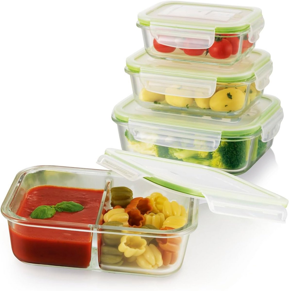 4-delige Glazen Voorraadcontainers Set - Luchtdicht, Lekvrij, Geschikt voor Oven, Magnetron en Vriezer