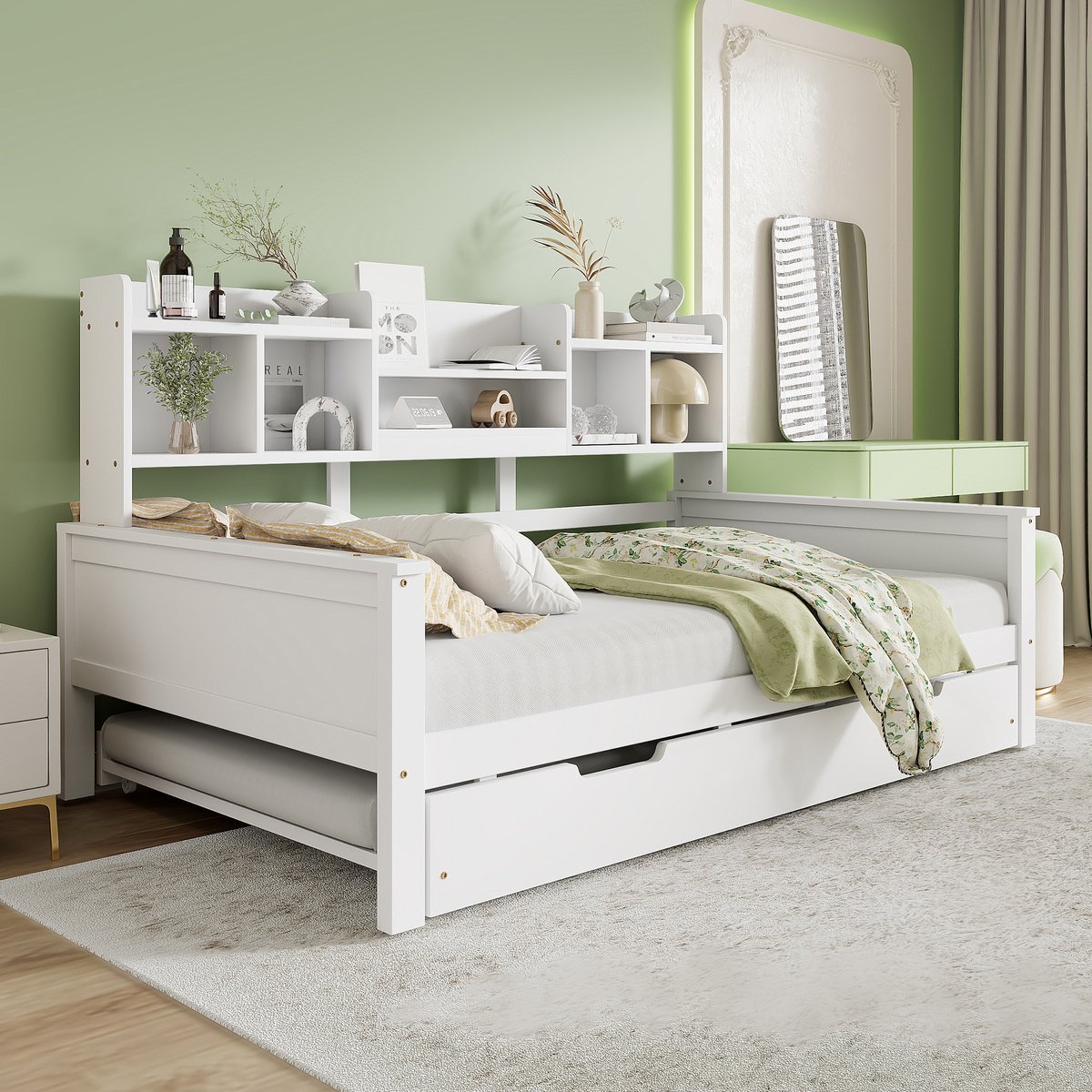 OKWISH Eenpersoonsbed 90x200 cm – Uitklapbaar Bed met Opberglade – Hoofdbord met Boekenplanken, Ideaal voor Gasten – Vurenhout – Wit – Zonder Matras