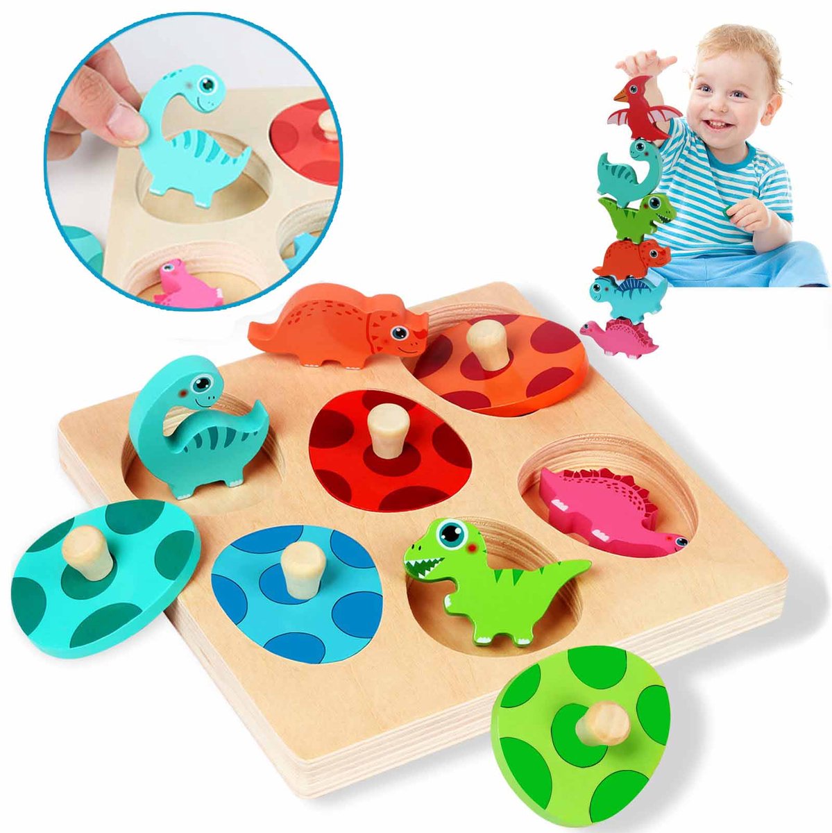 Houten puzzels - Montessori baby dinosaurus speelgoed - Kerstmis verjaardag baby Pasen mandvullingen cadeaus - Match eieren pin puzzels - kleuterschool leerzaam speelgoed voor jongens meisjes peuters - 17,5 x 17,5 x 1,6 cm