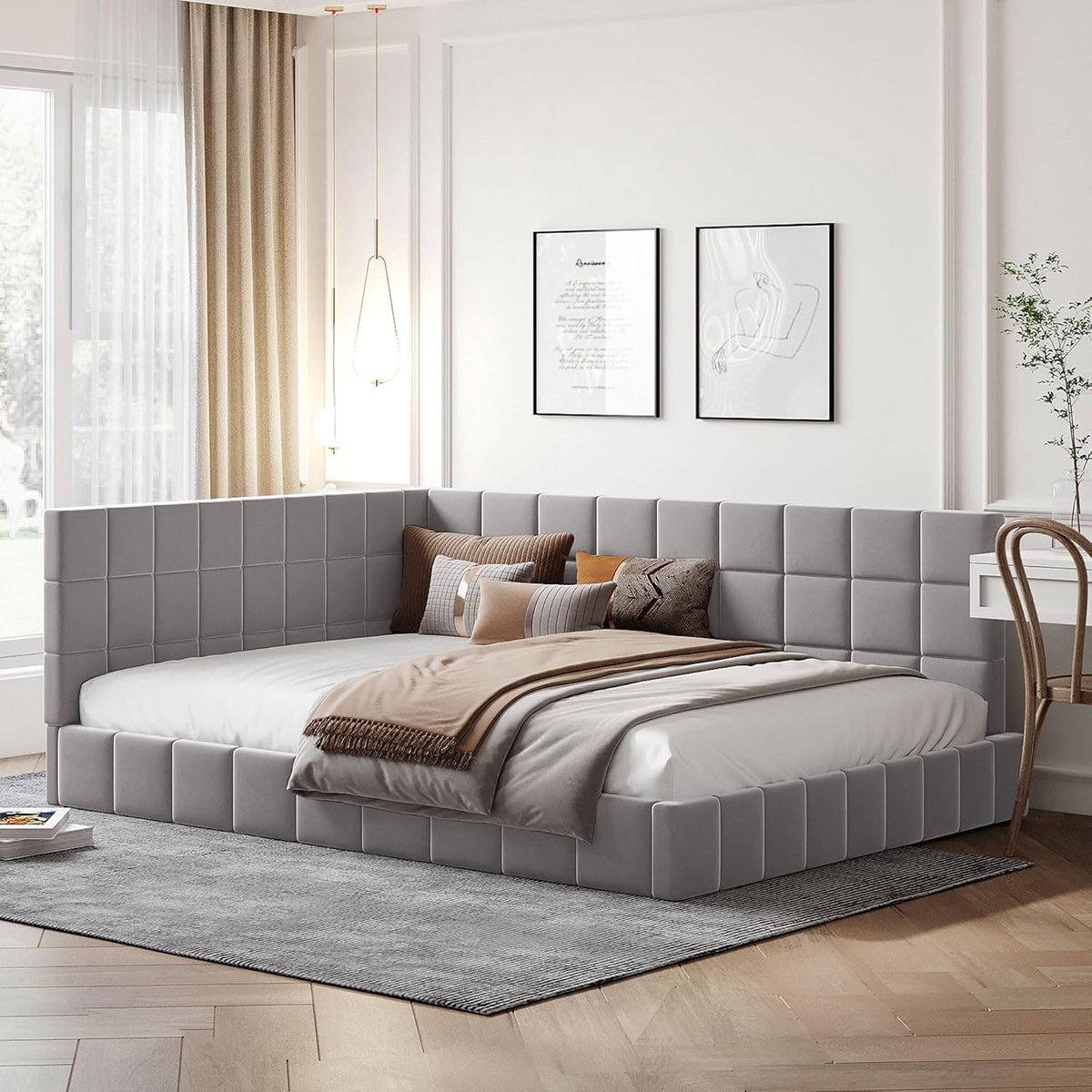 Comfortabele Bedbank 140x200 cm in Zacht Grijze Fluweelstof - Inclusief Lattenbodem