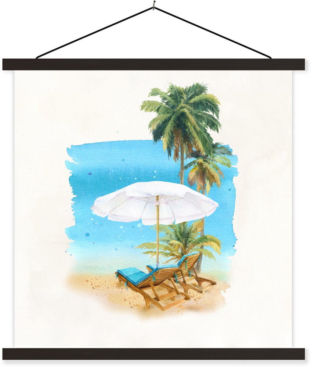 Posterhanger incl. Poster 120x120 cm - Schoolplaat - Strandstoel - Parasol - Palmboom - Te