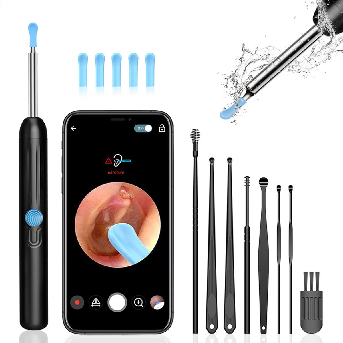 Oorreiniger, oorwasverwijderaar, otoscoop, wifi-oorreinigingscamera, 8-delige set, oorlepeltje voor het verwijderen van oorwas, geschikt voor iPhone, iPad en Android-telefoons, zwart