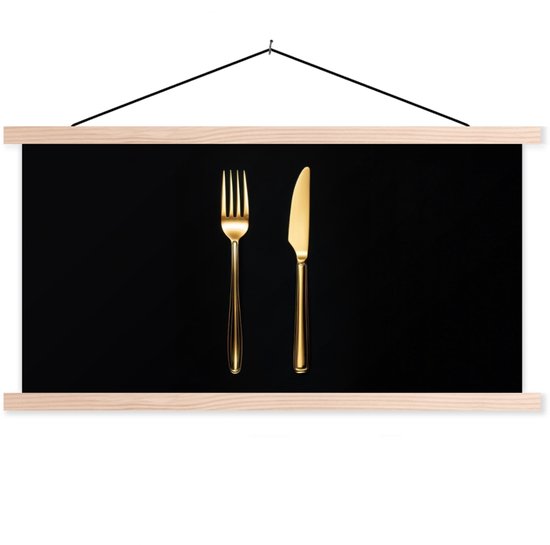 Posterhanger incl. Poster 120x60 cm - Schoolplaat - Bestek - Goud - Mes - Vork - Textielposter - Blanke latten