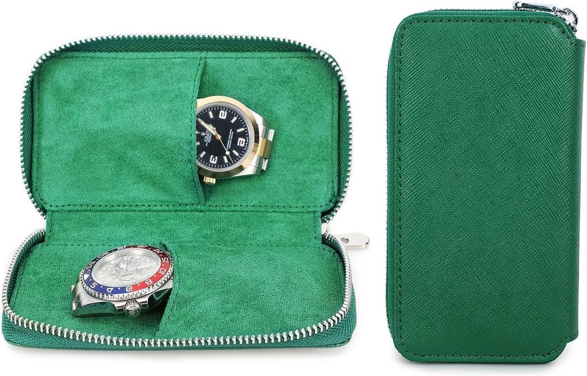 VVGoods - Reisetui voor horloges - opbergdoos - 2 horloges - organizer - ritssluiting - draagbaar - saffiano-leer - groen - reisaccessoires