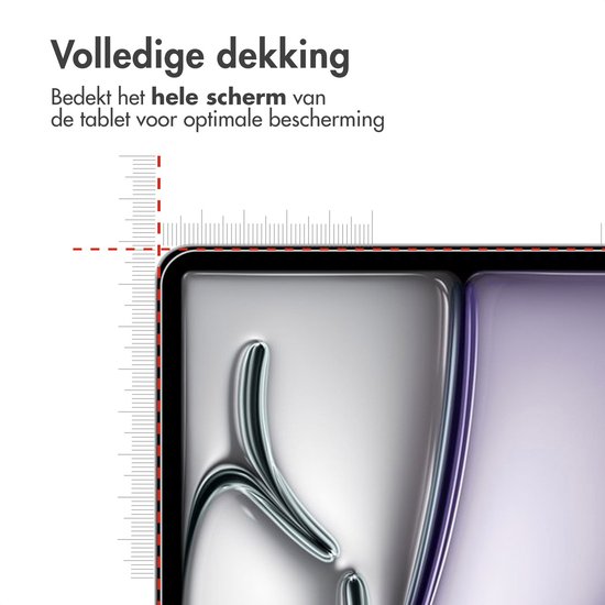 Close-up van een tablet met screenprotector. Rode lijn met schaalverdeling toont volledige dekking.