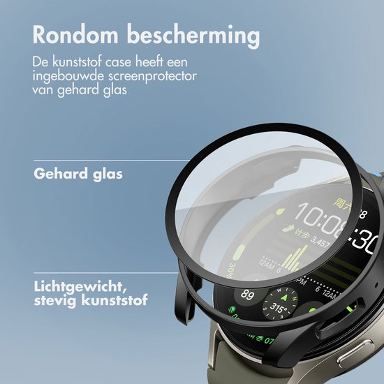 Zwarte smartwatch case met 'gehard glas' en 'lichtgewicht, stevig kunststof'.