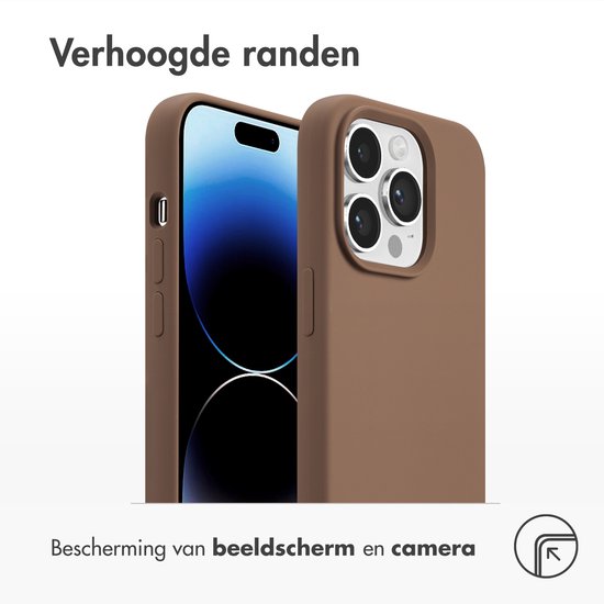 Bruin telefoonhoesje en iPhone 14 Pro, met verhoogde randen voor scherm en camera