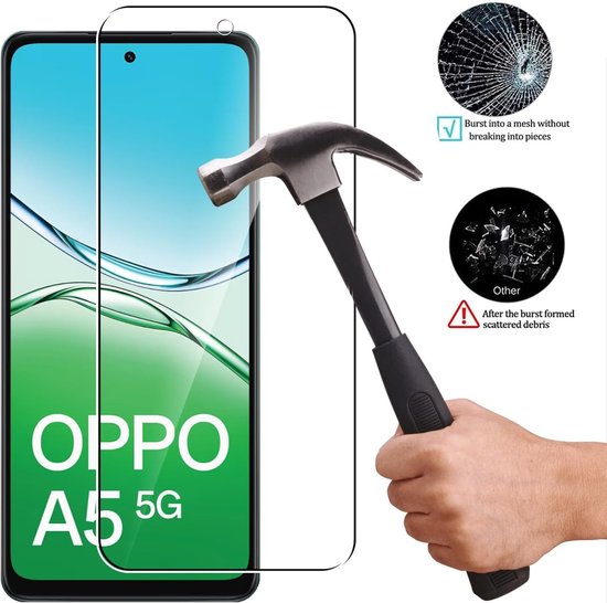 Screenprotector gehard glas voor Oppo A5 5G, met een hamer die erop slaat.