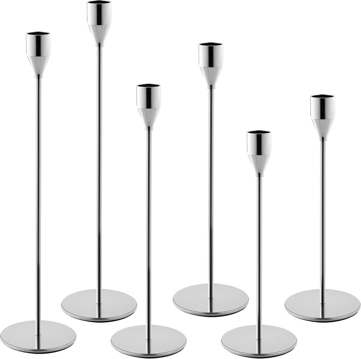 Set van 6 Zilveren Kroonluchters voor Slanke Kaarsen - 3 Hoogtes - Elegant Tafeldecoratie