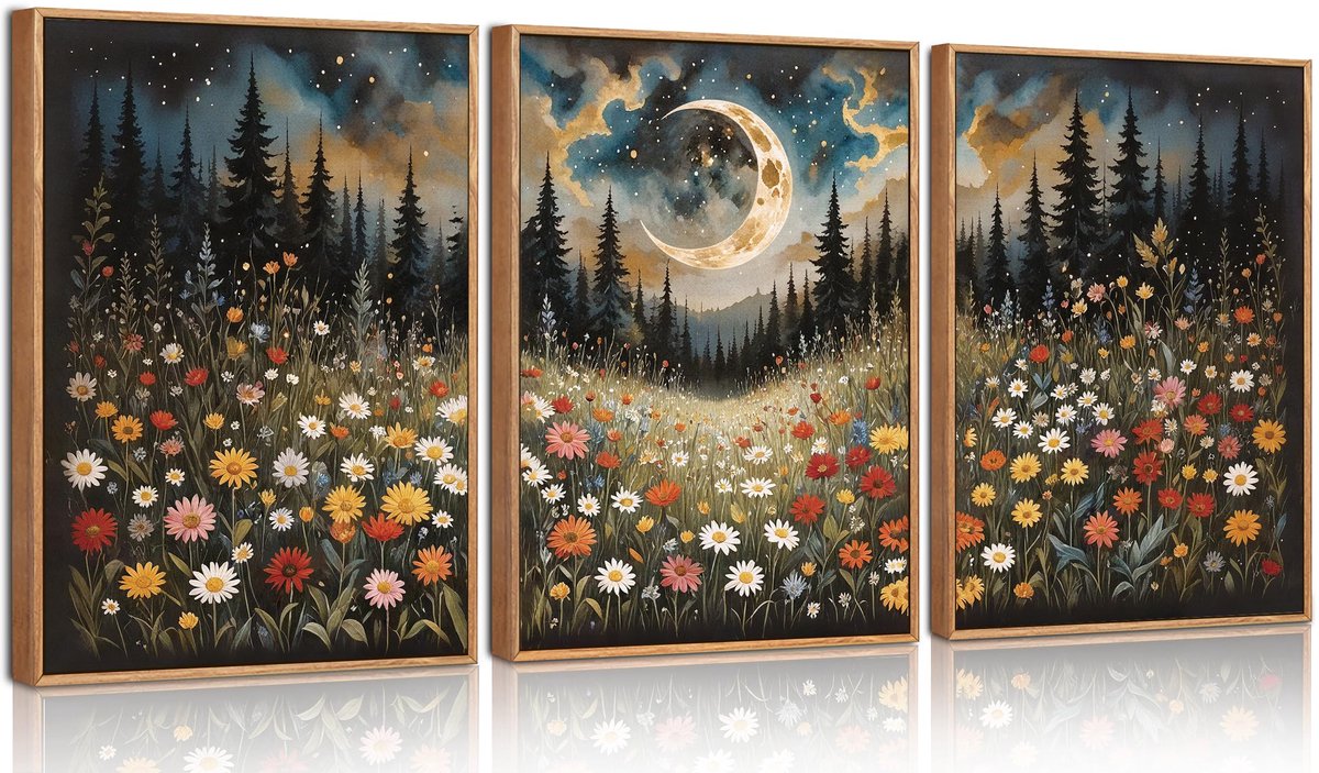 Unyqoos Ingelijste canvas set met avondbloemen en bergen voor sfeervol interieur kleurrijk