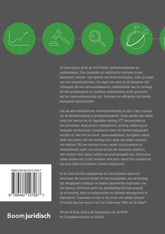 Boekcover met de titel 'De advocatuur als onderneming'. Groene iconen van een grafiek, een hamer, een vergrootglas en een wereldbol.