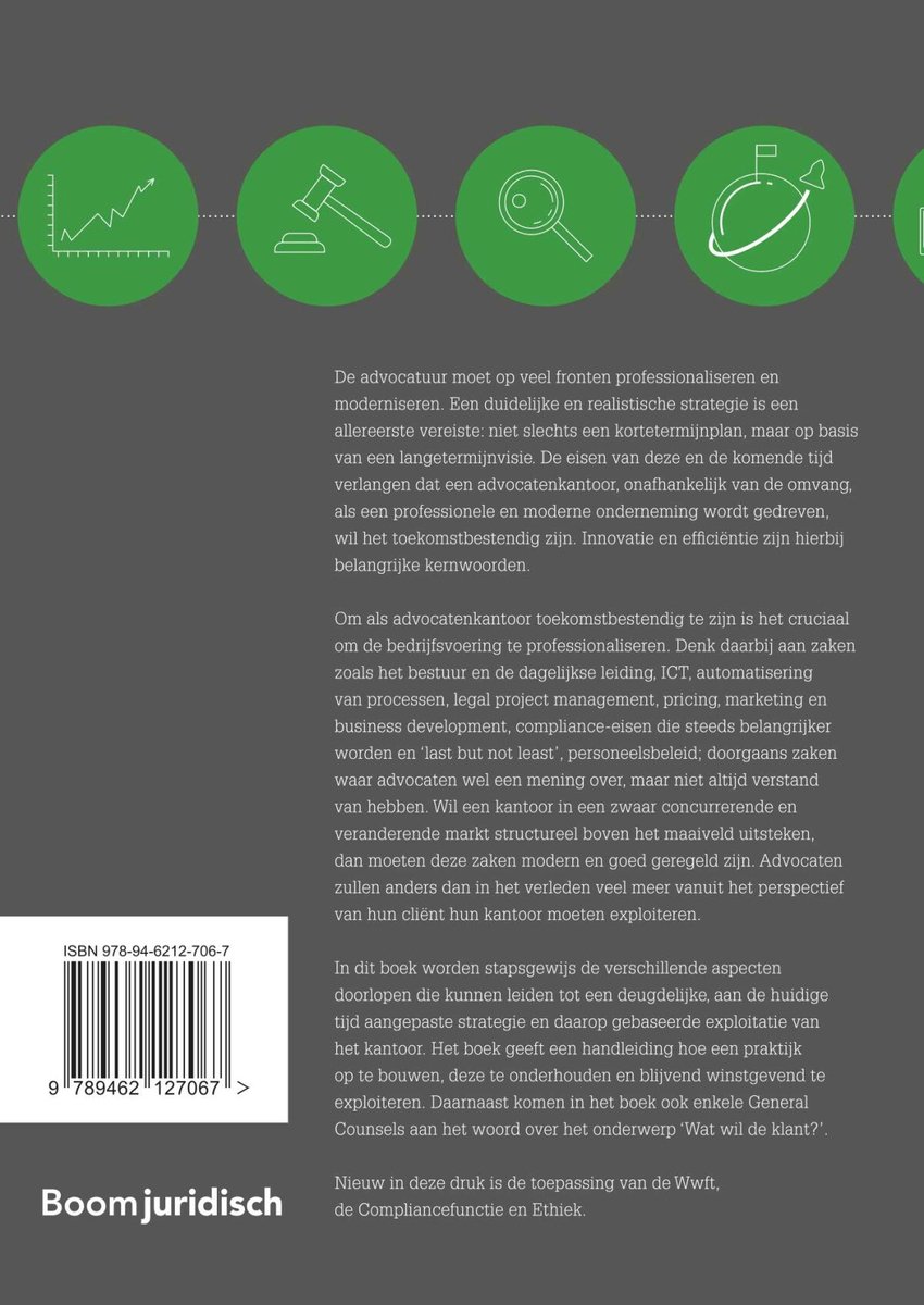 Boekcover met de titel 'De advocatuur als onderneming'. Groene iconen van een grafiek, een hamer, een vergrootglas en een wereldbol.