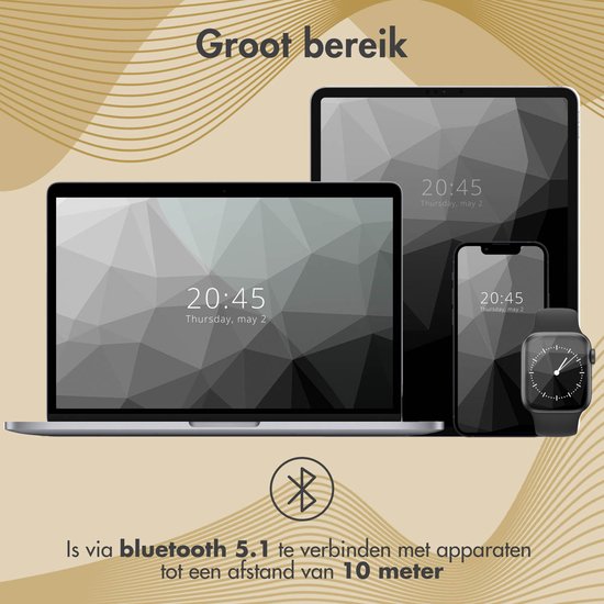 Laptop, tablet en smartphone met Bluetooth 5.1 icoon en tekst 'Groot bereik'.