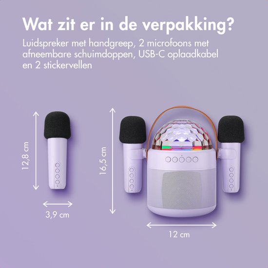 Afmetingen van de lichtpaarse karaokespeaker met discobal en twee microfoons. De microfoons zijn 12,8 cm lang, de speaker is 16,5 cm hoog en 12 cm breed.