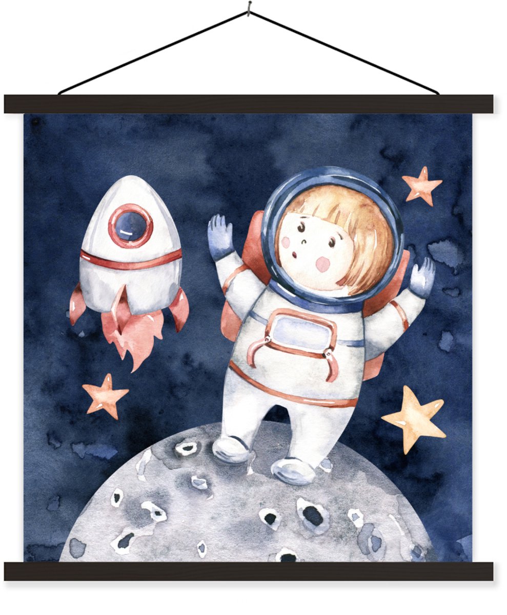 Posterhanger incl. Poster 90x90 cm - Schoolplaat - Ruimte - Raket - Maan - Jongens - Meiden - Kinderen - Textielposter - Zwarte latten