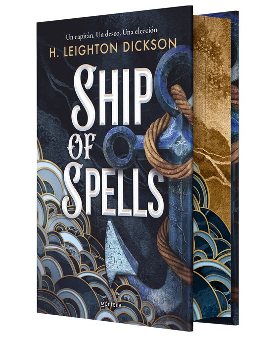 Boek "Ship of Spells" met een anker en touw, met golven en gouden patronen.