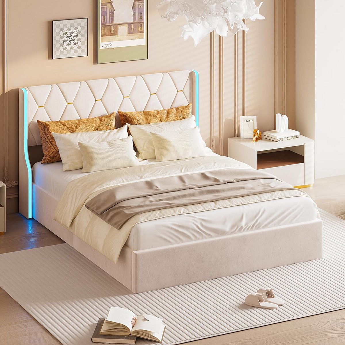 Tweepersoonsbed 140x200 cm met Lattenbodem, Gestoffeerd Bedframe met Opbergruimte en LED Licht