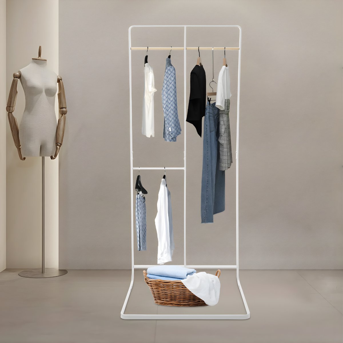 Kapstok met bank - Kledingrek - Schoenenrek - Voor kledingopslag en schoenen - Multifunctioneel - Met haken en bankje - Wit – foto 8