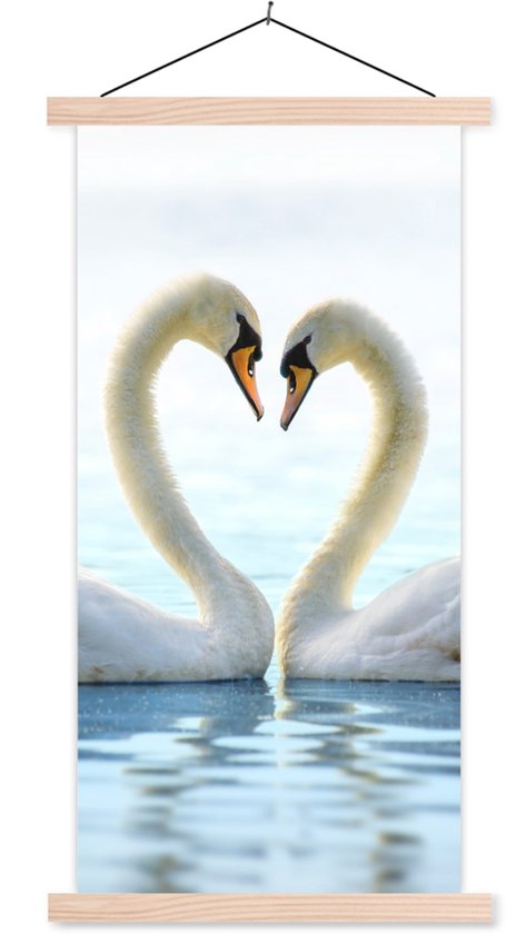 Posterhanger incl. Poster 40x80 cm - Schoolplaat - Zwanen - Hart - Koppel - Textielposter - Blanke latten