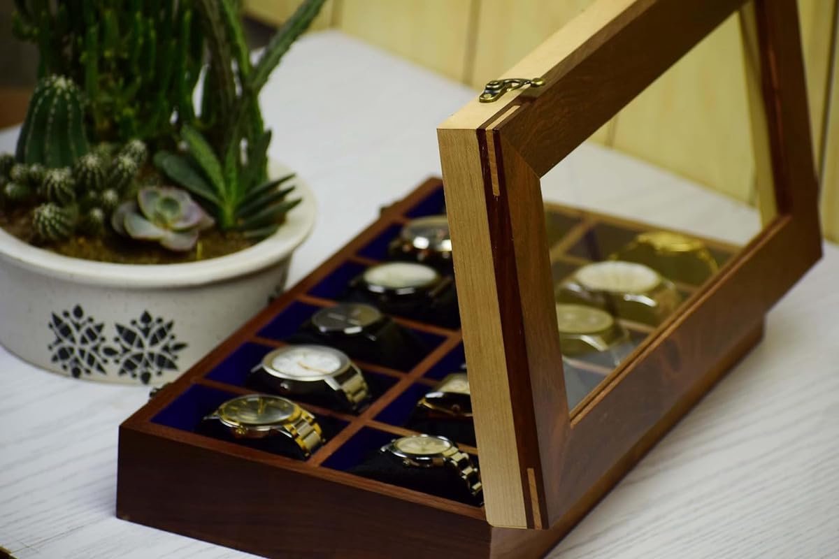 Luxe Houten Horlogedoos Organizer voor 12 Herenhorloges met Glazen Deksel